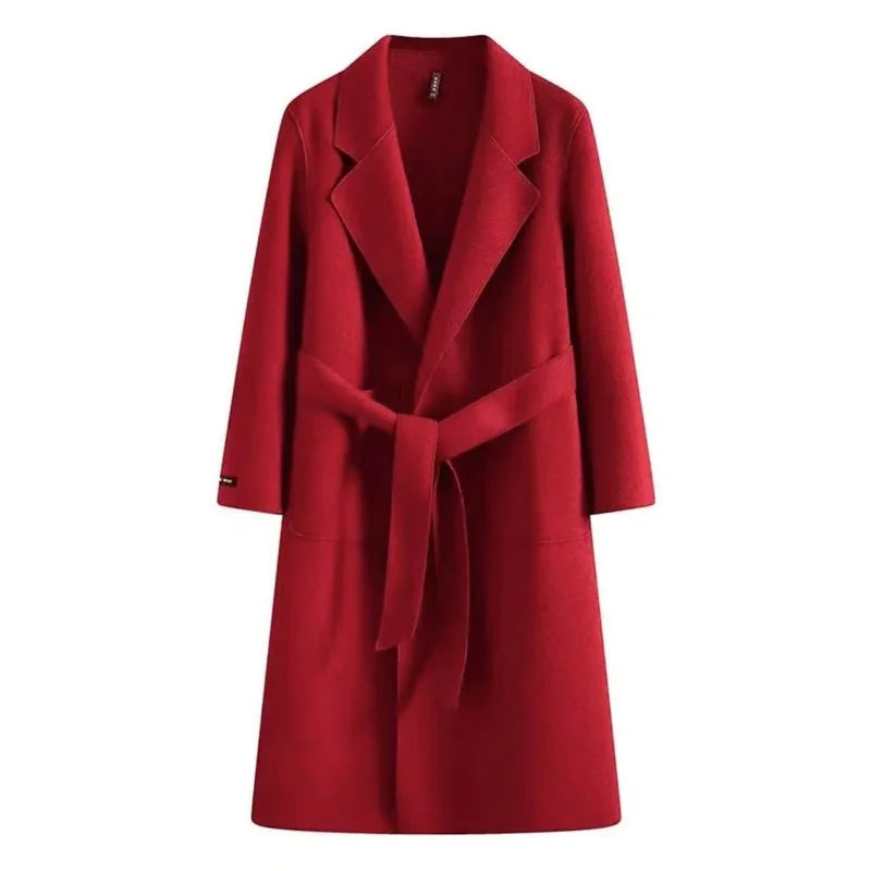 Women's belted maxi trench coat with notch collar – Red
