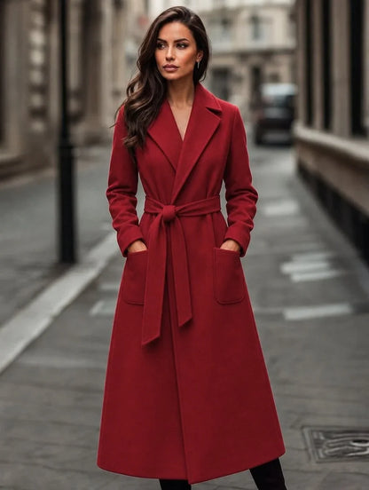 Women's belted maxi trench coat with notch collar – Red