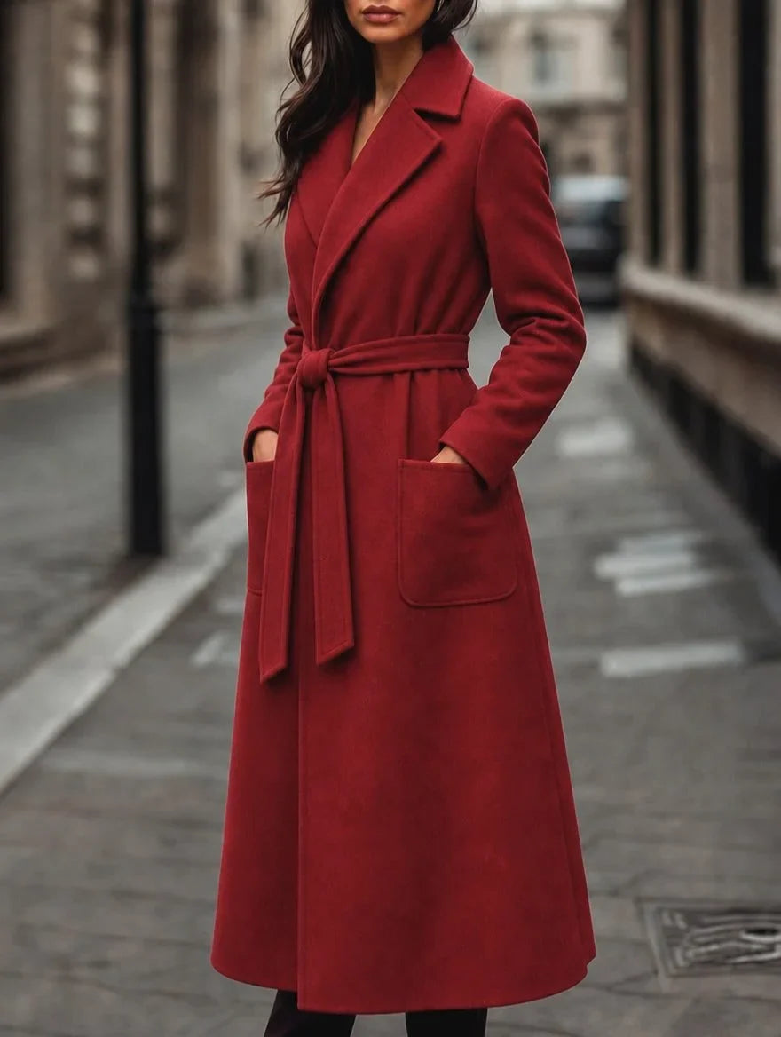 Women's belted maxi trench coat with notch collar – Red