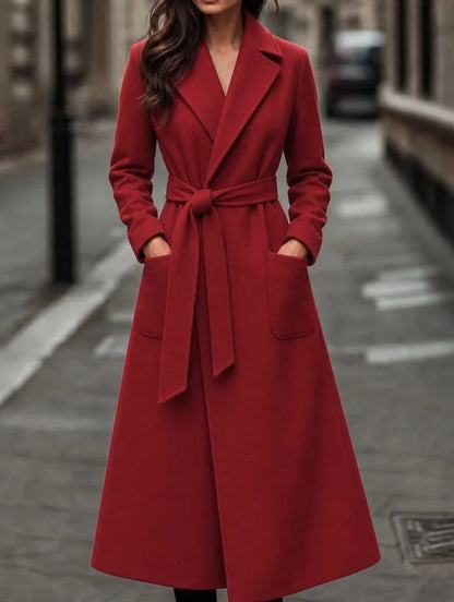 Women's belted maxi trench coat with notch collar – Red