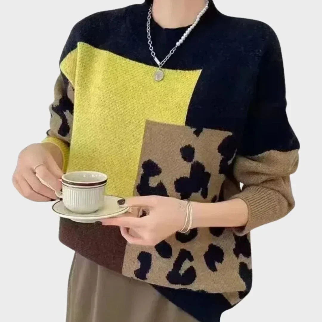 Women's color block animal print knit sweater with crew neck – Black/ Yellow