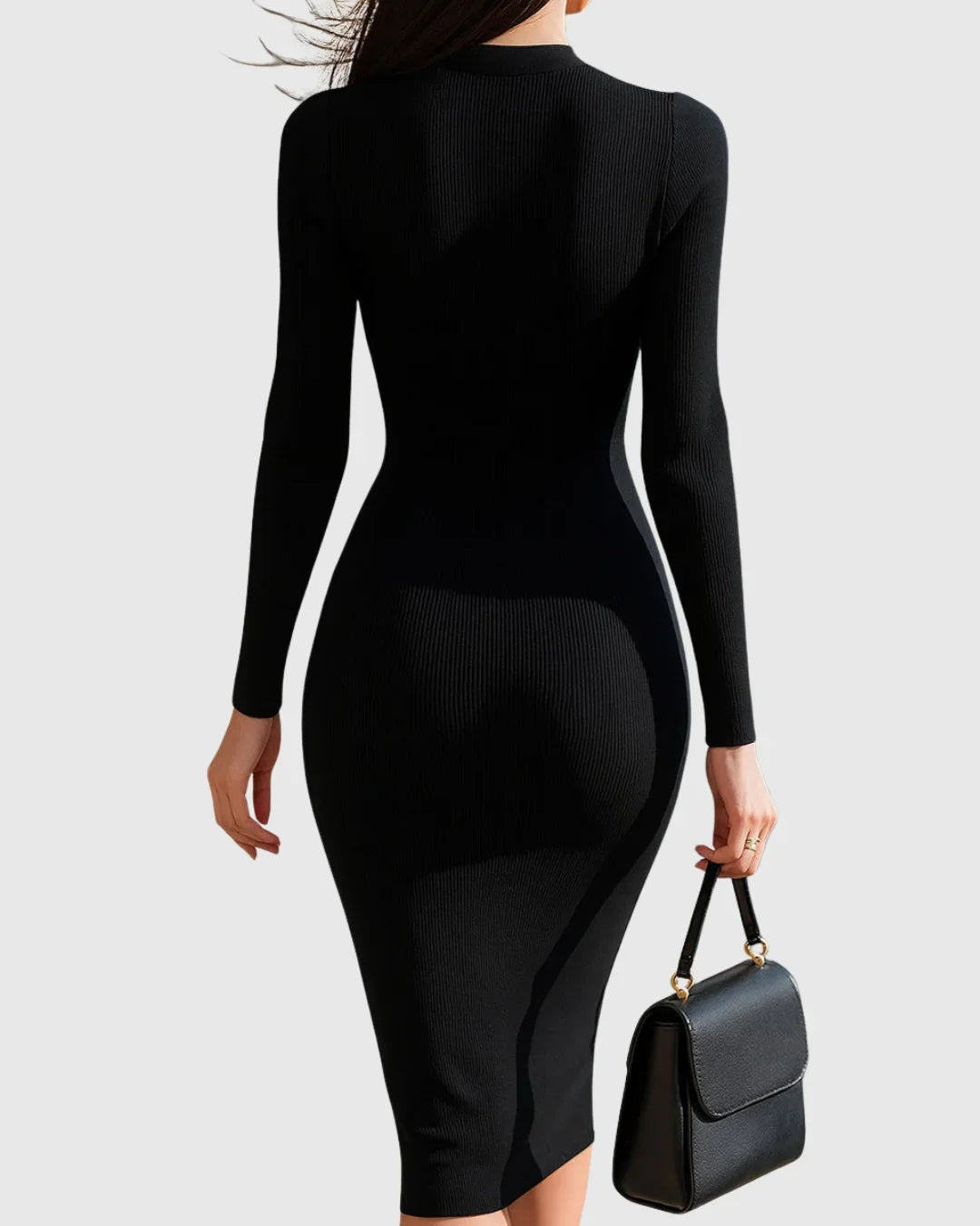 Women's ribbed knit zip-front midi top with gold-tone buttons – Black
